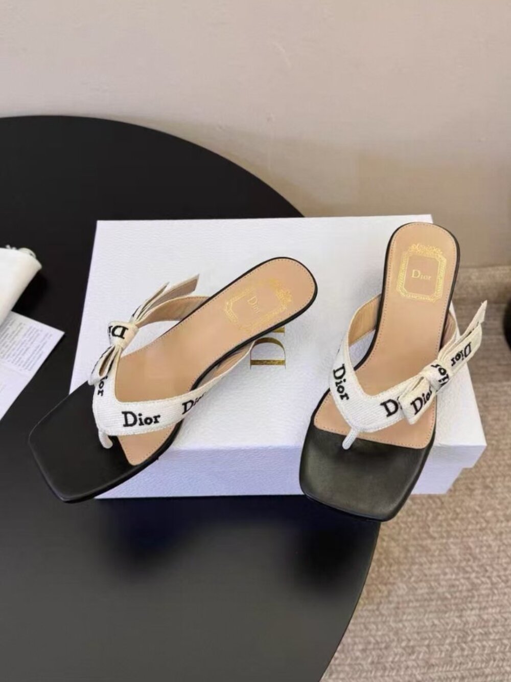 Dior Embroidered Bow Kitten‑Heel Flip‑Flop Mules